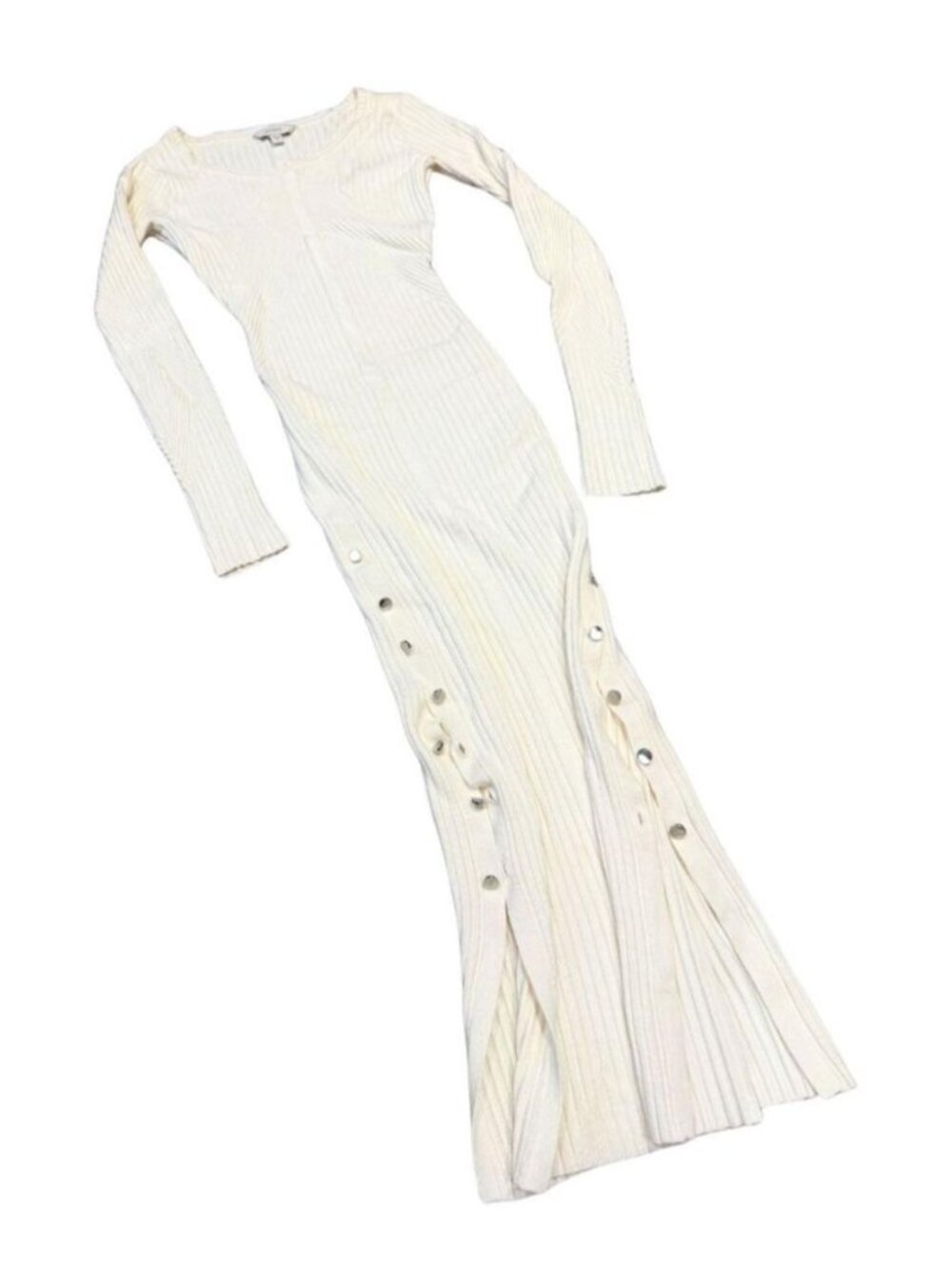 Guess Ribbed Knit Maxi Dress Cream White Side Snap Button Long Sleeve XS